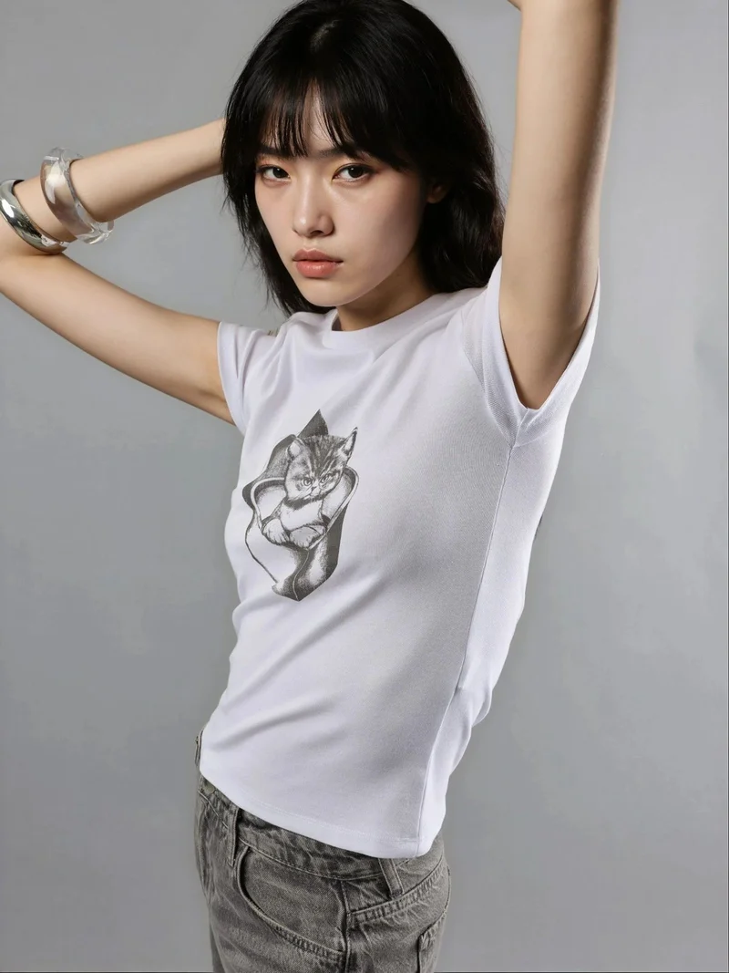 بوسيم بلوزة قصيرة محبوكة بياقة دائرية مطبوعة من بوستيم